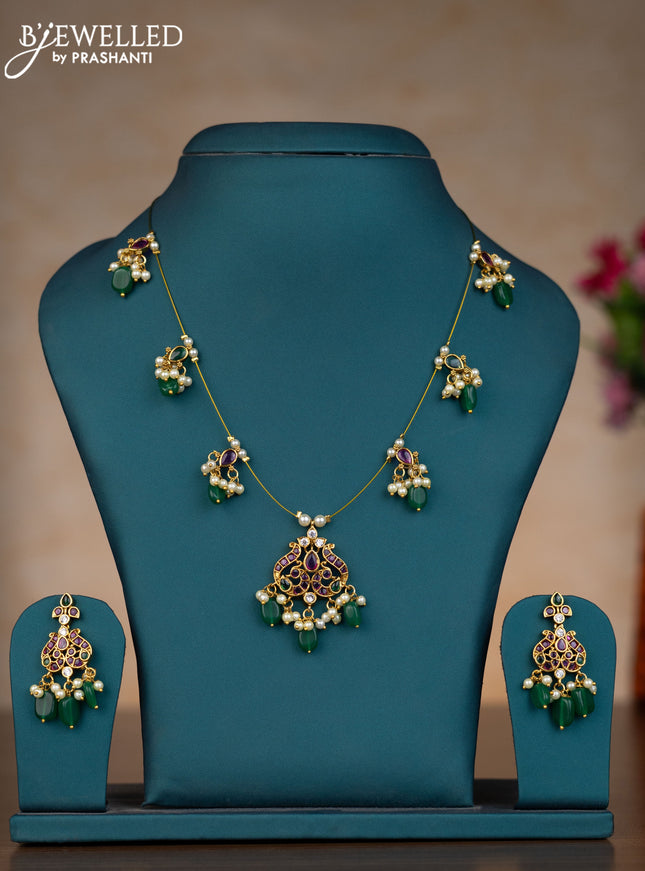 Invisible chain double peacock design with kemp & cz stones and pearl & green beads hangings