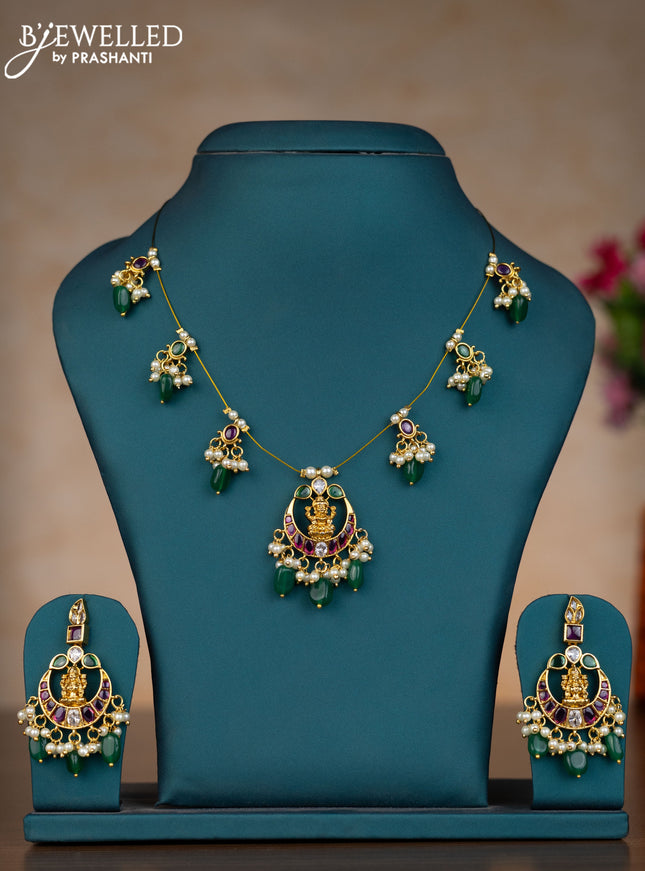 Invisible chain lakshmi & chandbali design with kemp & kundan stones and pearl & green beads hangings