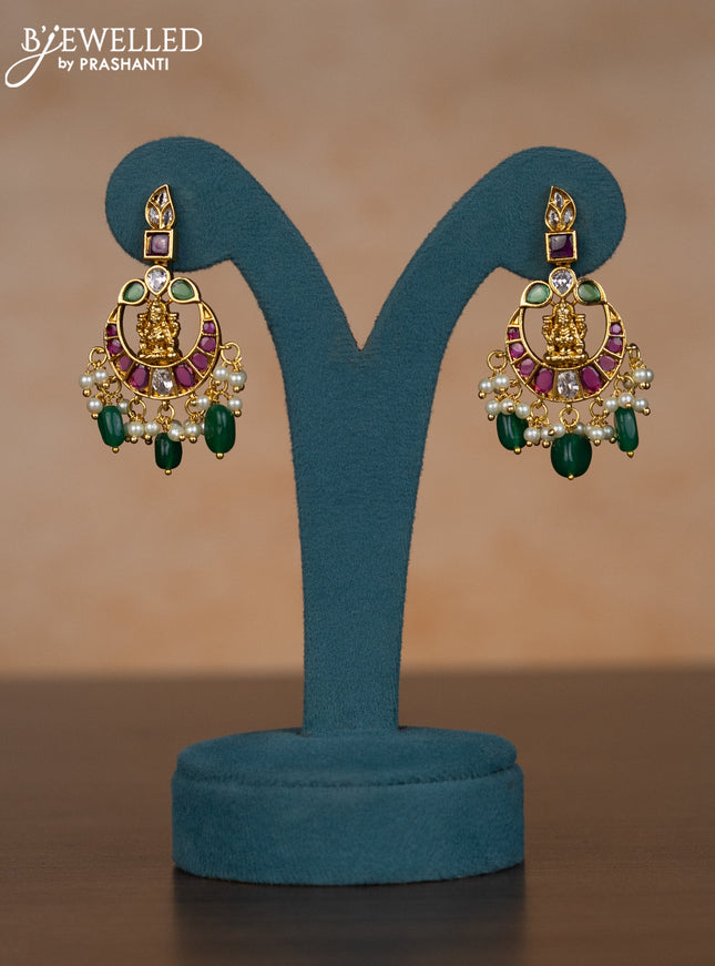 Invisible chain lakshmi & chandbali design with kemp & kundan stones and pearl & green beads hangings