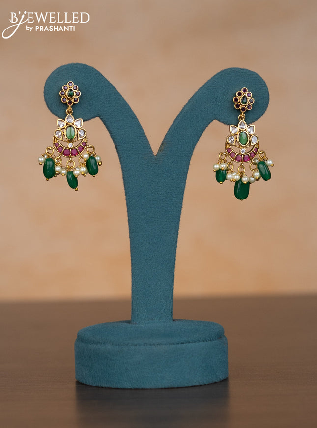 Invisible chain chandbali design with kemp & kundan stones and pearl & green beads hangings