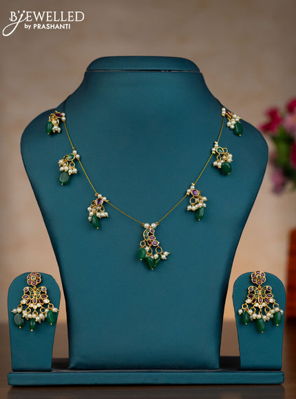 Invisible chain double peacock design with kemp & cz stones and pearl & green beads hangings