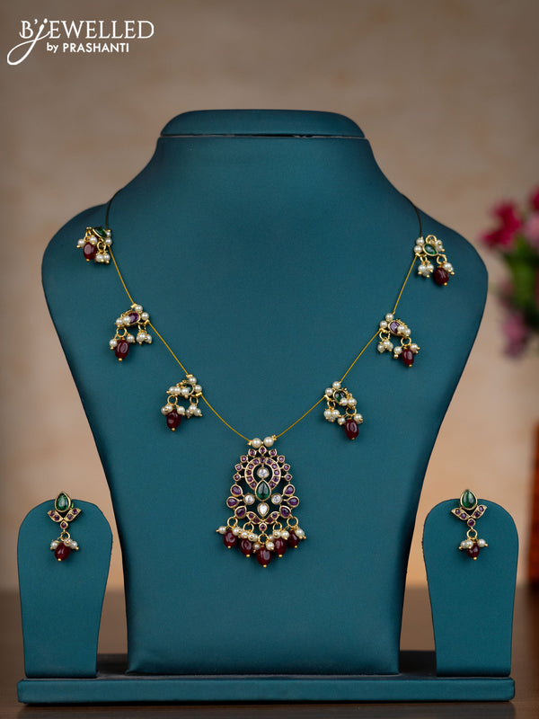 Invisible chain with kemp & kundan stones and pink beads hangings