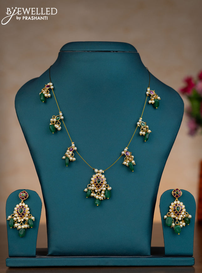 Invisible chain with kemp & cz stones and pearl & green beads hangings