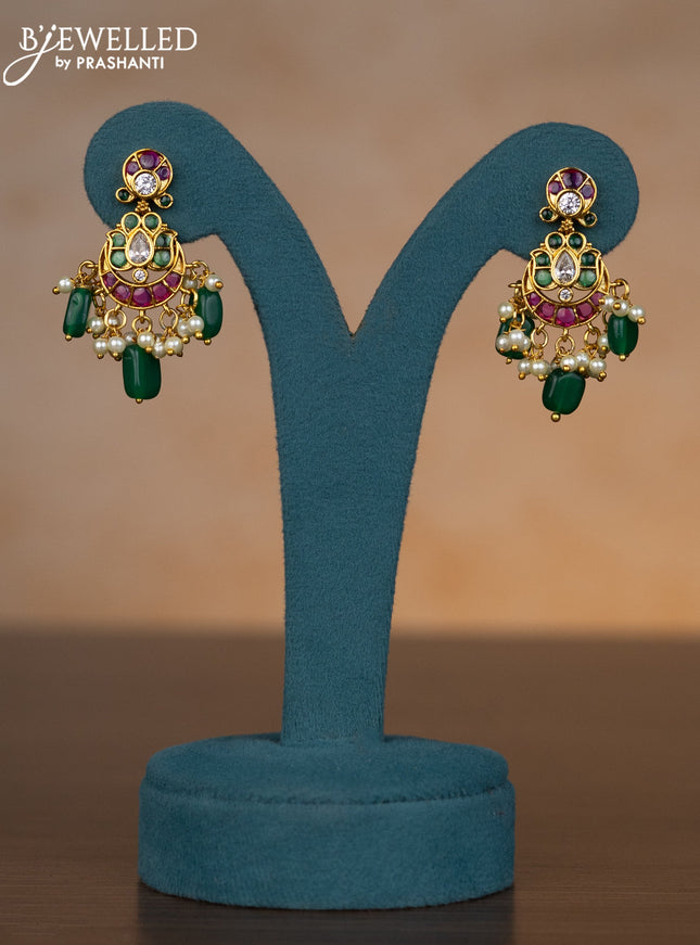 Invisible chain chandbali design with kemp & kundan stones and pearl & green beads hangings