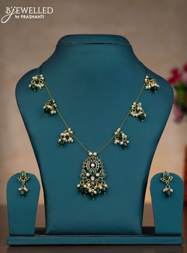Invisible chain with emerald & kundan stones and pearl & green beads hangings