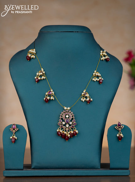 Invisible chain with ruby & kundan stones and pearl & pink beads hangings