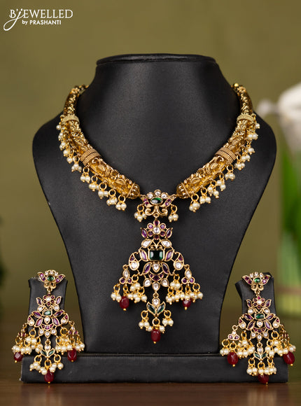 Antique necklace with kemp & kundan stones and pearl & pink beads hangings