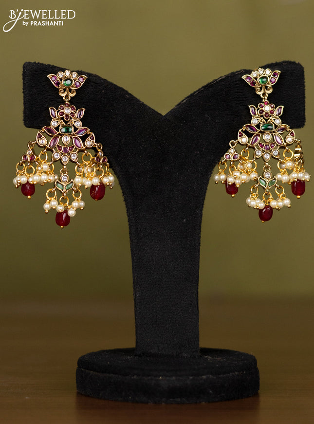 Antique necklace with kemp & kundan stones and pearl & pink beads hangings