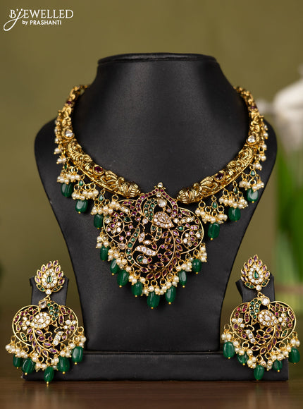 Antique necklace peacock design with kemp & kundan stones and pearl & green beads hangings