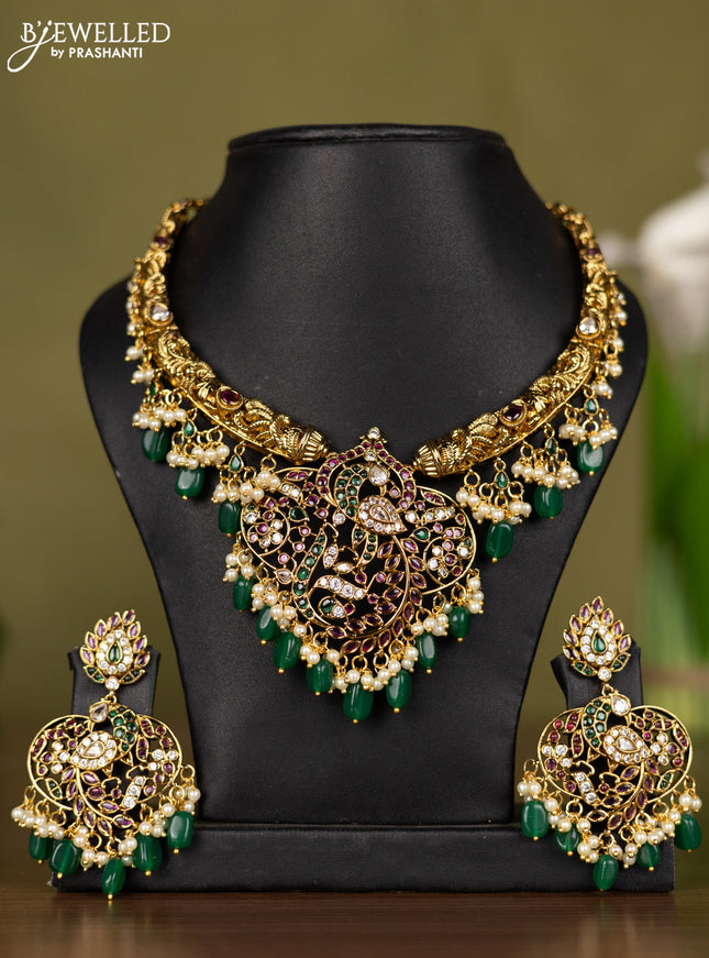 Antique necklace peacock design with kemp & kundan stones and pearl & green beads hangings