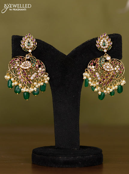 Antique necklace peacock design with kemp & kundan stones and pearl & green beads hangings