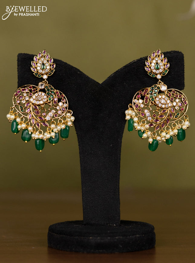 Antique necklace peacock design with kemp & kundan stones and pearl & green beads hangings