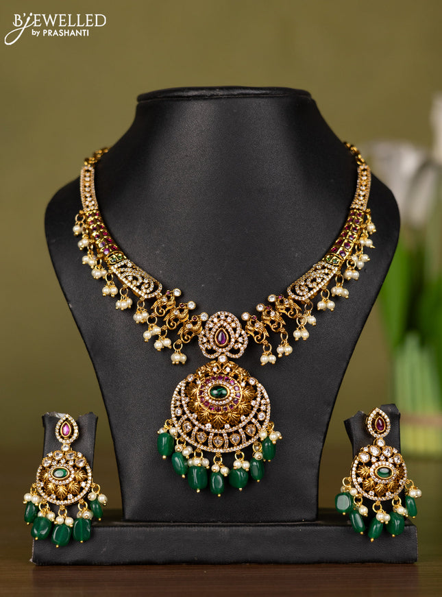 Antique necklace with kemp & kundan cz stones and pearl & green beads hangings