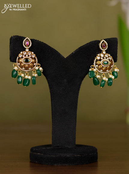 Antique necklace with kemp & kundan cz stones and pearl & green beads hangings