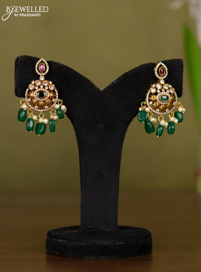 Antique necklace with kemp & kundan cz stones and pearl & green beads hangings