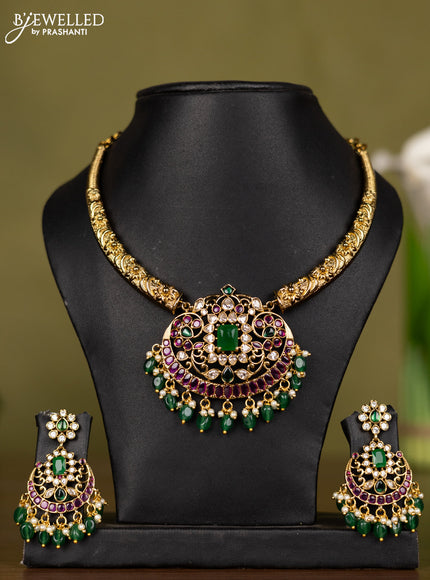 Antique necklace with kemp & kundan stones and pearl & green beads hangings