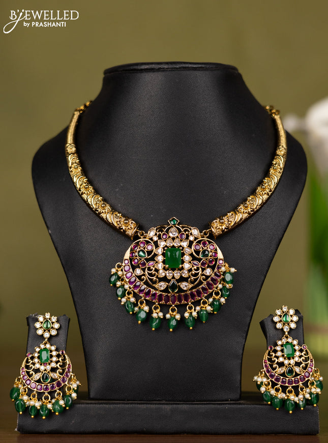 Antique necklace with kemp & kundan stones and pearl & green beads hangings