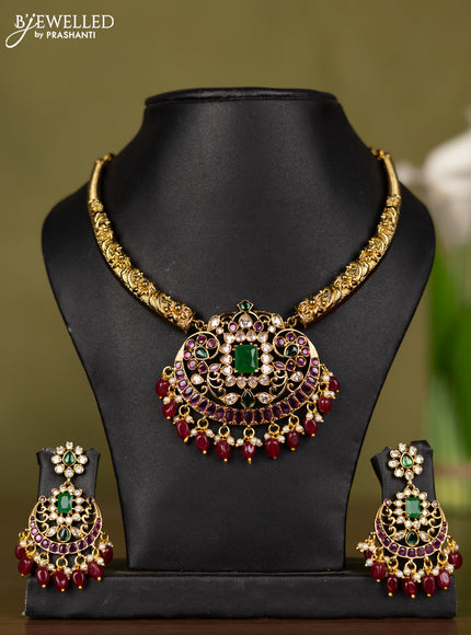 Antique necklace with kemp & kundan stones and pearl & pink beads hangings
