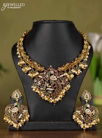 Antique necklace peacock design with kemp & kundan stones and pearl & golden beads hangings