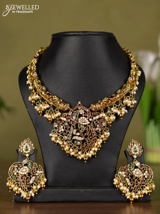 Antique necklace peacock design with kemp & kundan stones and pearl & golden beads hangings