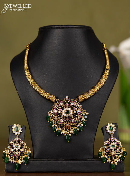 Antique necklace with kemp & cz stones and pearl & green beads hangings
