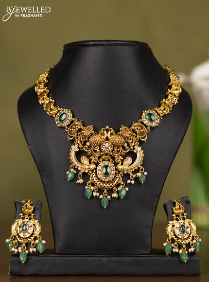 Antique necklace peacock design with emerald & cz stones and pearl & mint green beads hangings