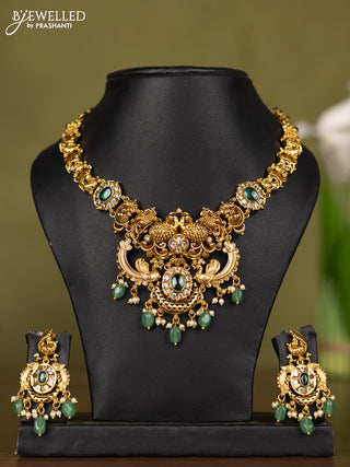 Antique necklace peacock design with emerald & cz stones and pearl & mint green beads hangings