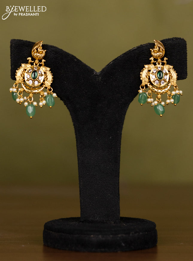 Antique necklace peacock design with emerald & cz stones and pearl & mint green beads hangings