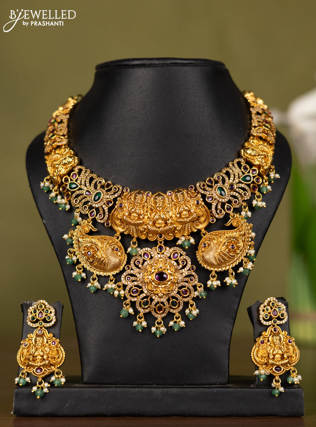 Antique necklace lakshmi & peacock design with kemp & cz stones and pearl & mint green beads hangings