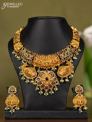 Antique necklace lakshmi & peacock design with kemp & cz stones and pearl & mint green beads hangings