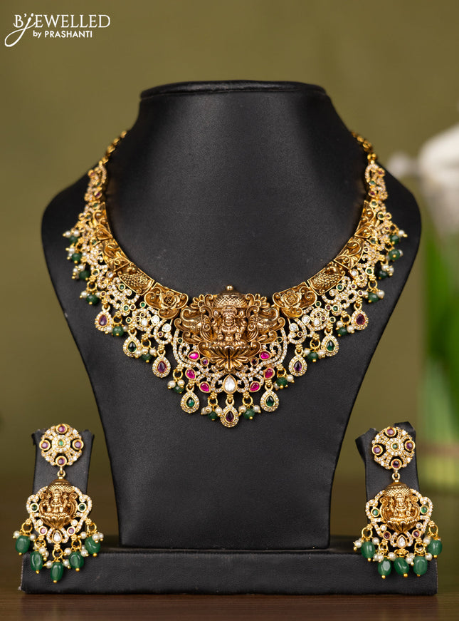 Antique necklace lakshmi design with kemp jadau & kundan cz stones and pearl & green beads hangings