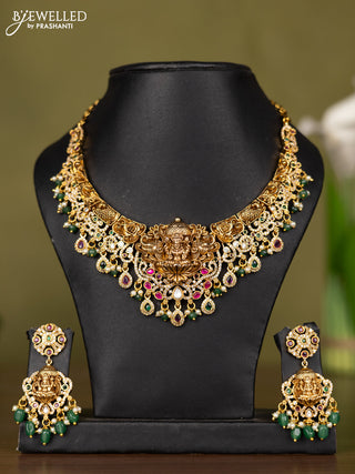 Antique necklace lakshmi design with kemp jadau & kundan cz stones and pearl & green beads hangings