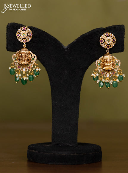 Antique necklace lakshmi design with kemp jadau & kundan cz stones and pearl & green beads hangings