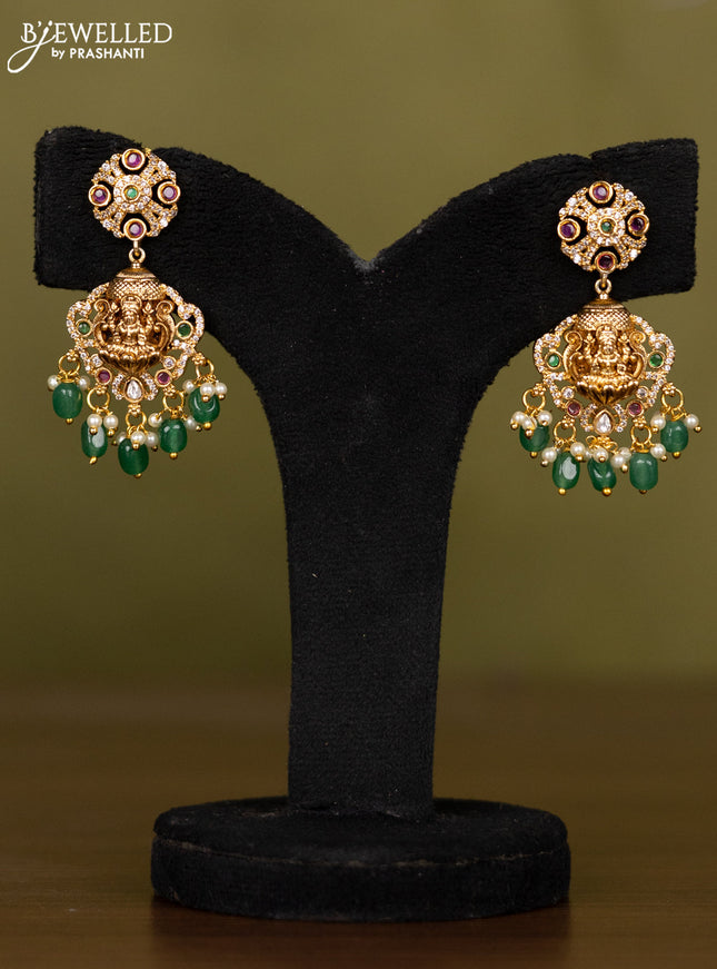 Antique necklace lakshmi design with kemp jadau & kundan cz stones and pearl & green beads hangings