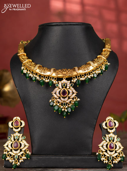 Antique necklace with kemp & cz stones and pearl & green beads hangings