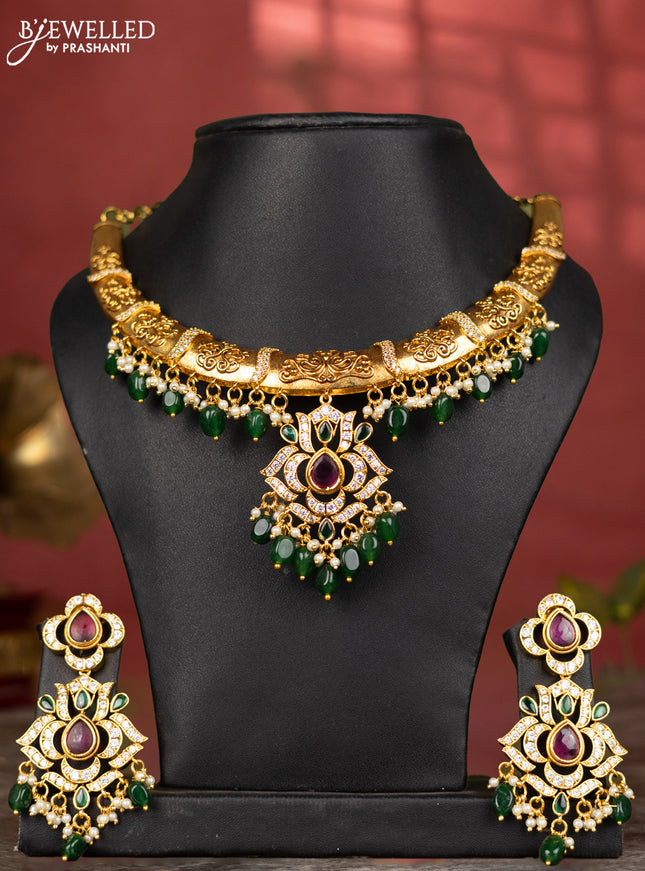 Antique necklace with kemp & cz stones and pearl & green beads hangings