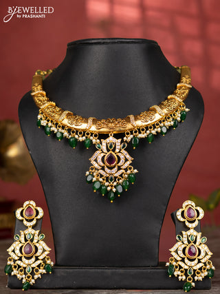 Antique necklace with kemp & cz stones and pearl & green beads hangings