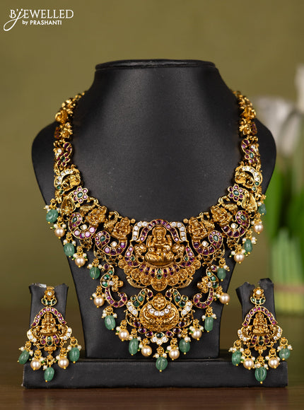 Antique necklace lakshmi design with kemp & cz stones and pearl & mint green beads hangings