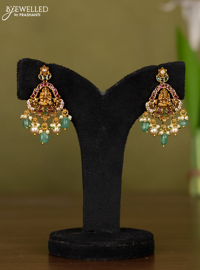 Antique necklace lakshmi design with kemp & cz stones and pearl & mint green beads hangings
