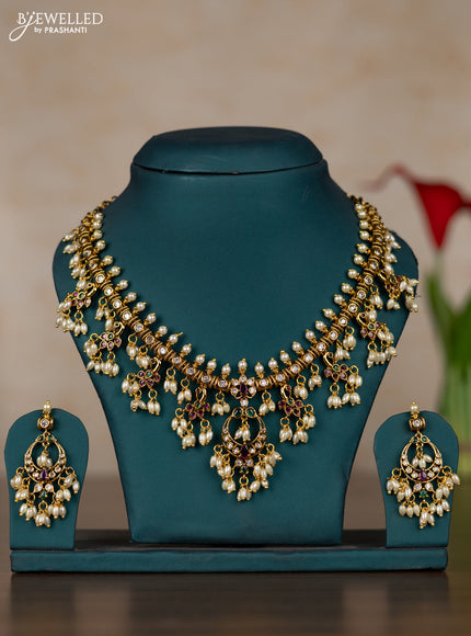 Antique guttapusalu necklace with kemp & cz stones and pearl hangings