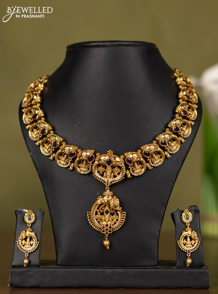 Antique necklace tirupati balaji with kemp & cz stones and golden beads hanging