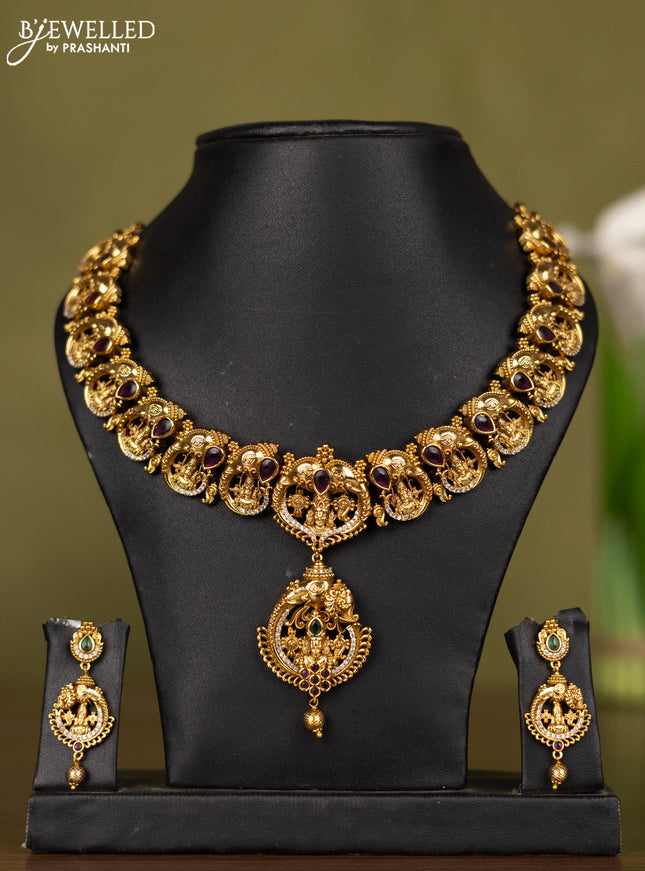 Antique necklace tirupati balaji with kemp & cz stones and golden beads hanging