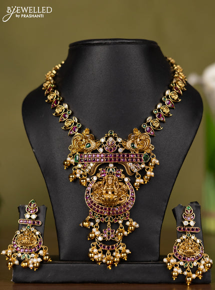 Antique necklace lakshmi & manga pattern with kemp & cz stones and pearl & golden beads hangings