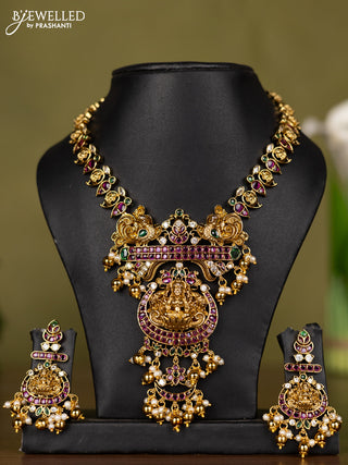 Antique necklace lakshmi & manga pattern with kemp & cz stones and pearl & golden beads hangings