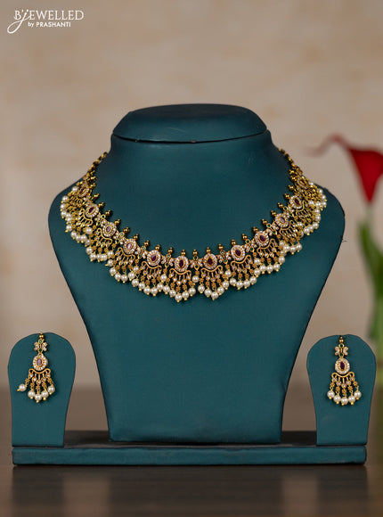 Antique guttapusalu necklace with kemp & cz stones and pearl hangings