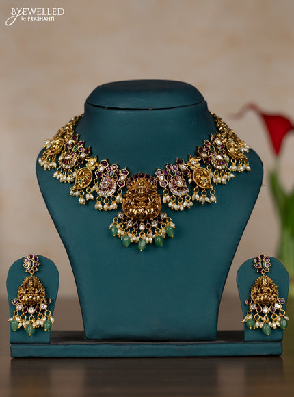 Antique guttapusalu necklace lakshmi & manga pattern with kemp & kundan stones and pearl & mint green beads hangings
