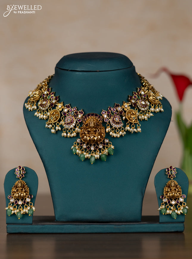 Antique guttapusalu necklace lakshmi & manga pattern with kemp & kundan stones and pearl & mint green beads hangings