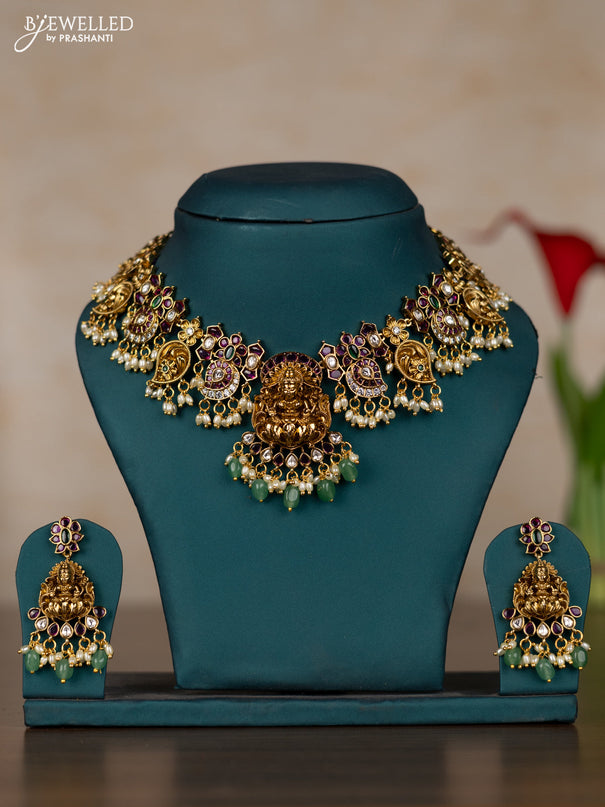 Antique guttapusalu necklace lakshmi & manga pattern with kemp & kundan stones and pearl & mint green beads hangings