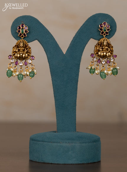 Antique guttapusalu necklace lakshmi & manga pattern with kemp & kundan stones and pearl & mint green beads hangings