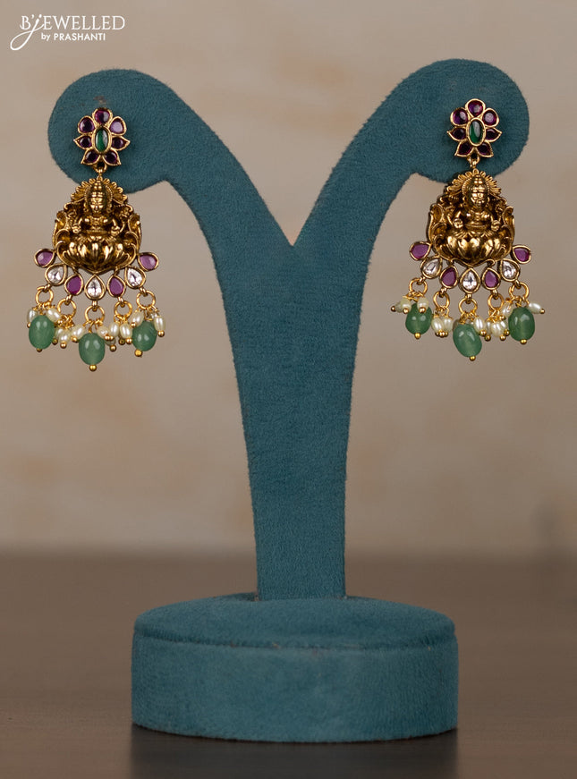 Antique guttapusalu necklace lakshmi & manga pattern with kemp & kundan stones and pearl & mint green beads hangings
